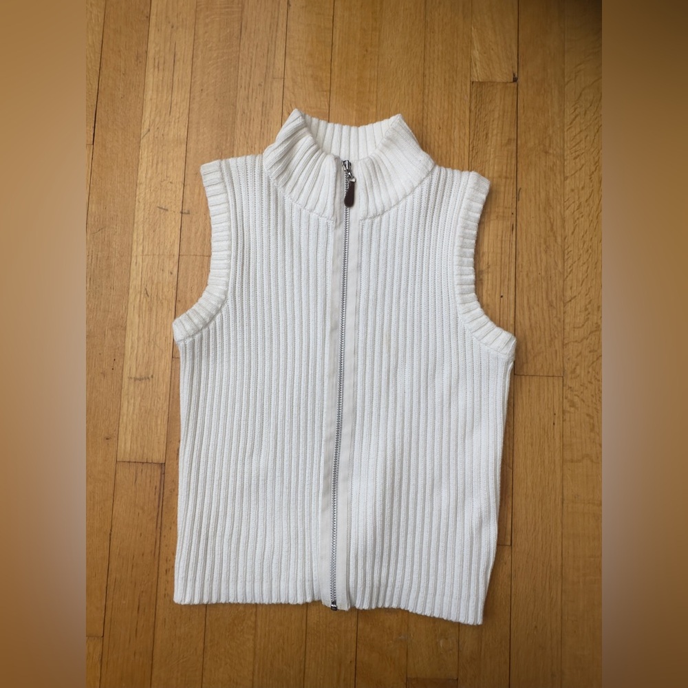 GAP White Ribbed Knit Zip-Up Sweater Vest